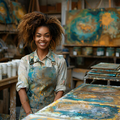A smiling artist with an apron stands in a paint-splattered art studio.