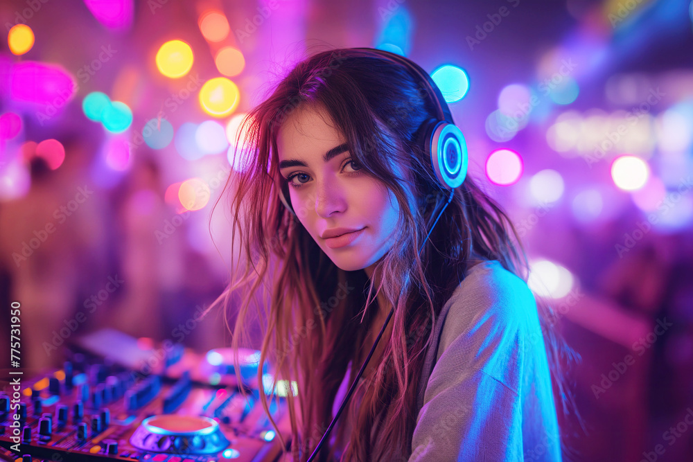 Wall mural portrait of young girl DJ in headphones mixing on a DJ mixer console on booth in a nightclub at night party on background colorful bokeh