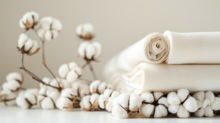 Fototapeta na wymiar Cotton fabric rolls and natural organic soft white craft materials