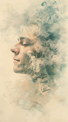 Watercolor Serenity: Profile with Flowing Hair & Incense Smoke