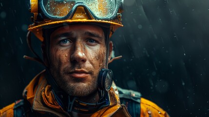 Focused Construction Worker with Goggles in Rain. - obrazy, fototapety, plakaty