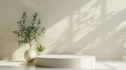 3D rendering of a white circular table with a plant, against a light beige wall. Soft shadows, minimalist aesthetic, green leaves in vase, space for text or product display