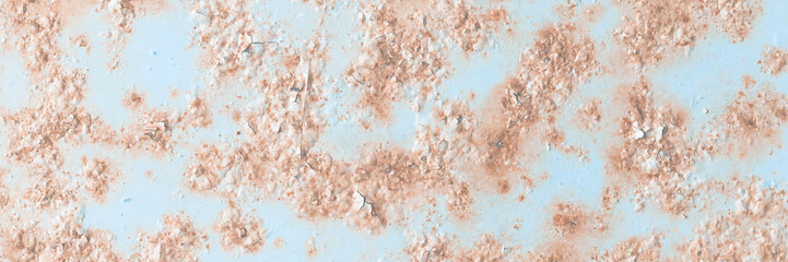 Texture of rusty metal with peeling paint. Rough metal surface with rust. Corroded and oxidized old iron. Rusted and aged metal sheet. Wide panoramic background for design.