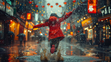 Young girl joyfully splashes in city puddle amid vibrant rain,generative ai