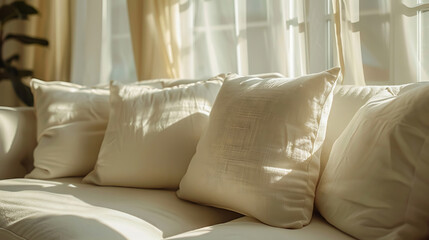 beige pillow sits on a sofa in a living room with soft sunlight and shadows. The living room has a beige interior design concept background. close up view of white linen cushions near a window
