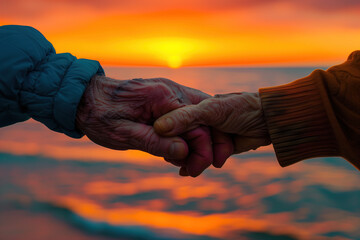 An old elderly couple show their love by hold hands on a beach near the sea ocean with a beautiful orange sunset in the background
