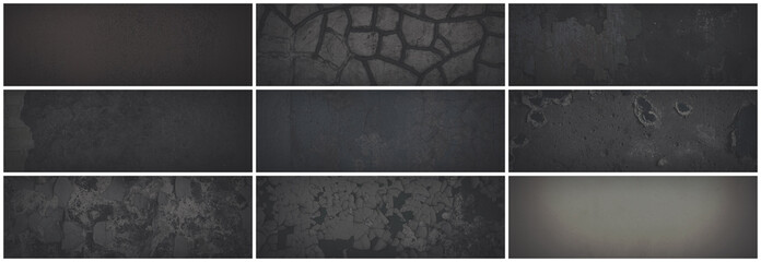 Set of dark panoramic background textures. Collection of wide textures with peeling paint, cracks, scratches, noise and grain. Faded rough surfaces of old walls. Bundle of gray backgrounds for design. - 775732703