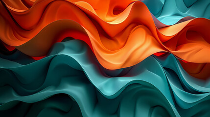 abstract 3D background, colorful waves, dark orange and teal color palette, hyper detailed in the style of various artists, high resolution - obrazy, fototapety, plakaty