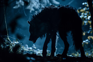 Werewolf silhouette in the dark woods at twilight. Mythical Navajo skin-walker wolf lurking in the forest. Cursed dogman creature.