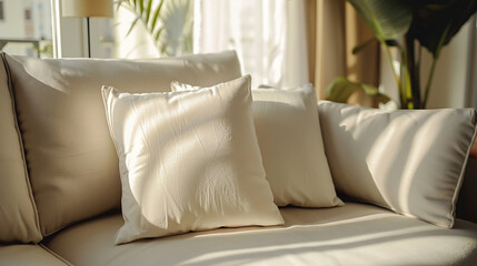 A beige pillow on a sofa in a sunlit living room, close-up. Modern minimalist interior with soft lighting and pastel colors, emphasizing elegant pillows