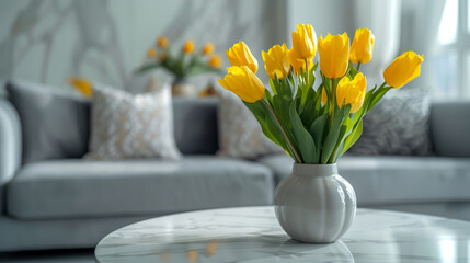Fototapeta na wymiar Stylish modern living room interior with yellow tulips in a vase on a table against a grey sofa and white wall, in the style of stock photo contest winner.