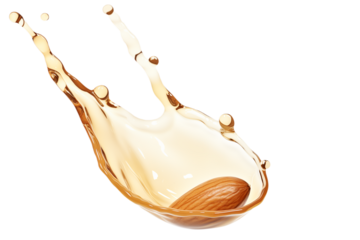 Levitation of almond nut in oil isolated on transparent background.