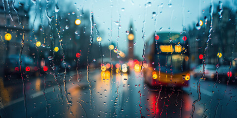Rain drops on a window of a car looking through London city street with red bus - obrazy, fototapety, plakaty