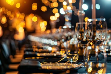 A close-up view of an elegant dinner table setting with clear wine glasses, cutlery, and a warm, bokeh light background creating a luxurious atmosphere. - obrazy, fototapety, plakaty