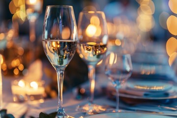 Close-up of sparkling wine glasses set on a luxury dinner table with soft lighting and festive bokeh background.