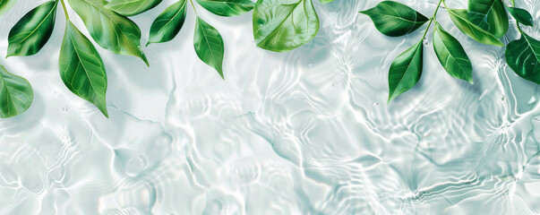 Green leaves floating on rippling water surface.