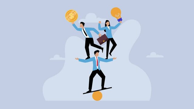 Business people balancing act holding money and light bulb