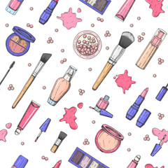 Hand drawn make up seamless pattern.Engraving cosmetics. Vector makeup background- tonal fluid, lipstick, lip gloss, powder, powder pearls, foundation, mascara, makeup brush, eye shadow, nail polish