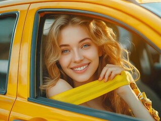 Beautiful woman in yellow taxi smiling.