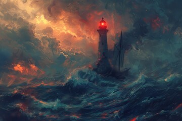 A lighthouse stands resolute amidst a stormy sea, its light a defiant blaze against the tempestuous waves and fiery sky, in an evocative painting. - obrazy, fototapety, plakaty