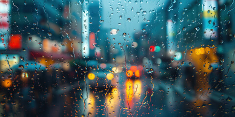 Fototapeta premium Rain drops on a window in a city metropolis with car bokeh lights, puddles on streets reflecting the bright neon lights