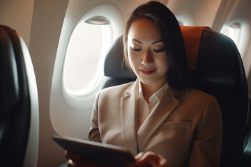 Successful beautiful young asian businesswoman sitting in a seat in cabin plane and works on digital tablet. Flying at first class.
