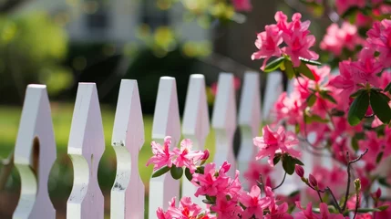 Fototapeten A cheerful image capturing the bright pink azaleas that adorn a traditional white picket fence, portraying a classic suburban springtime. © mashimara