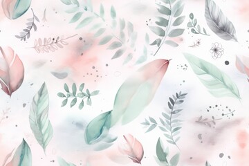 Soft pastel watercolor leaves and botanicals creating a dreamy and whimsical background, perfect for newborn baby room wallpaper or gentle fabric prints.