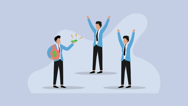 Business manager gives money or bonus to happy workers