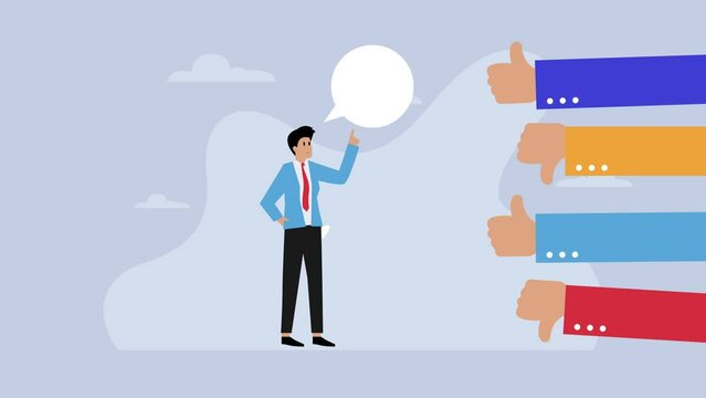 Businessman getting positive and negative feedback from customers