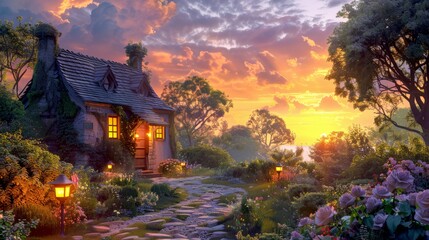 A storybook cottage nestles amid a burst of garden colors as the day fades, ideal for visual storytelling or a gardening magazine cover.