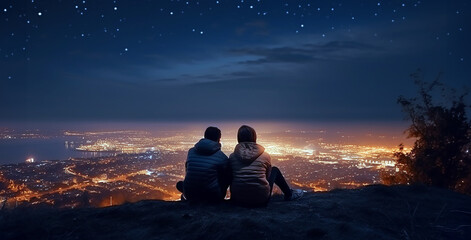 A silhouette of a couple sitting on the top of a hill under a dark starry sky and watching the lights of a large city, a night skyline below.