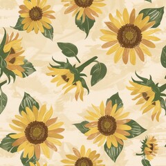 A repeating pattern featuring stylized sunflowers and leaves in shades of yellow and green on an off-white background.