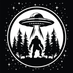 Bigfoot and UFO, funny t-shirt design, vector illustration,