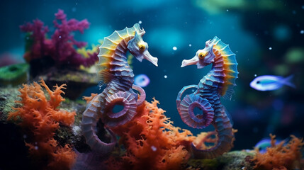 Dancing Seahorses  Graceful Marine Life in Vibrant Coral Reefs