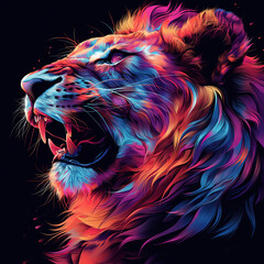 bright multicolored profile of face of angry roaring lion on a black background. Pop art style