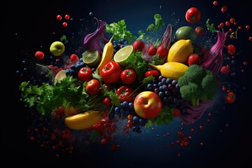 Obraz na płótnie Canvas A variety of colorful healthy fruits and vegetables are cascading through the air in motion. Generative AI