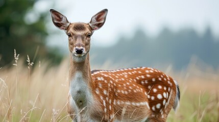 Naklejka na ściany i meble Spotted deer portrait in a serene grassland showcasing wildlife and nature beauty