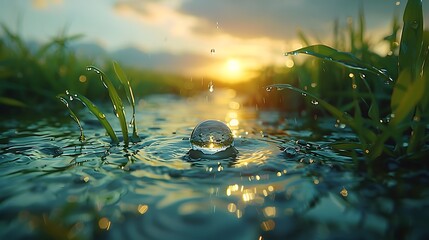 Witness the quiet elegance of a raindrop sliding down a blade of grass, its journey captured in stunning 8K resolution. - obrazy, fototapety, plakaty