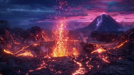 Active Volcano Erupting With Lava Flow