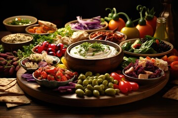 A table filled with a variety of Mediterranean dishes, showcasing colors and flavors from the region. Generative AI
