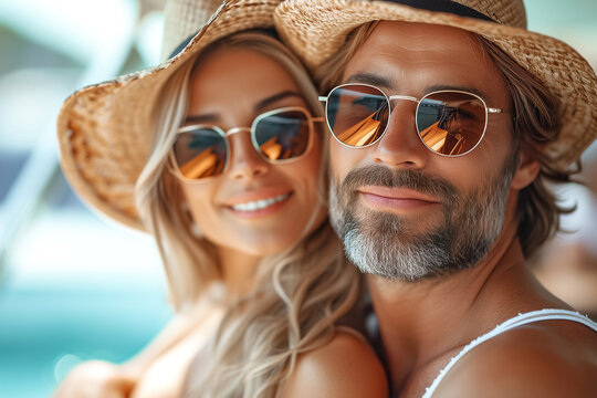 A man and a woman wearing sunglasses are seen standing together, possibly on a yacht or by the waterfront. They are both dressed casually and appear relaxed in the sunny weather
