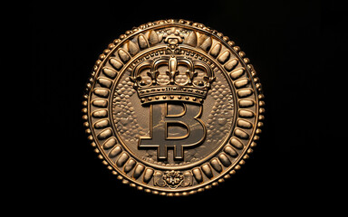 A golden bitcoin on a dark surface. A beautiful and ornate crown is on the top of the bitcoin sign representing the most known and valuable crypo currency. Digital finance, cryptocurrecny concept.
