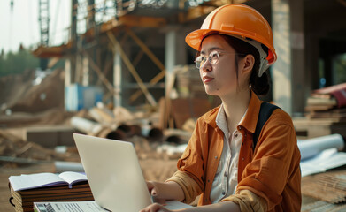 Asian female engineer with short black hair, at a road construction site,generative ai