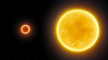 Comparison of stars, yellow dwarf and red dwarf on a black background. Composite image of the Sun and Proxima Centauri.