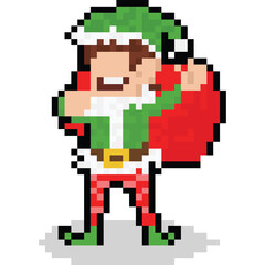 Pixel art cartoon christmas elf character with red gift bag