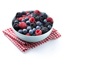 Fresh assortment berries isolated on white background. Copy space