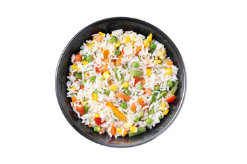 White rice with vegetables in a black bowl isolated on white background. Top view