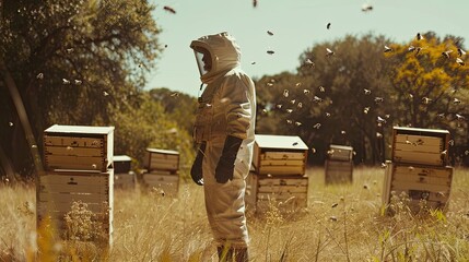 beekeeper amidst a field of buzzing bees, evoking the tranquil harmony between humans and nature.