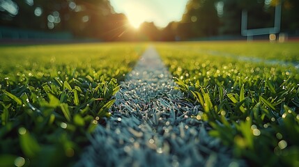 Zoom in on the grass blades of a football field, crushed beneath the weight of sprinting athletes.